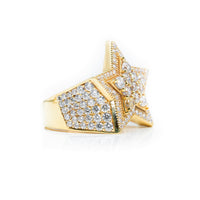 The Double Star Men Ring in 14K solid gold features a bold star motif with sparkling white gemstones set against a clean white background.