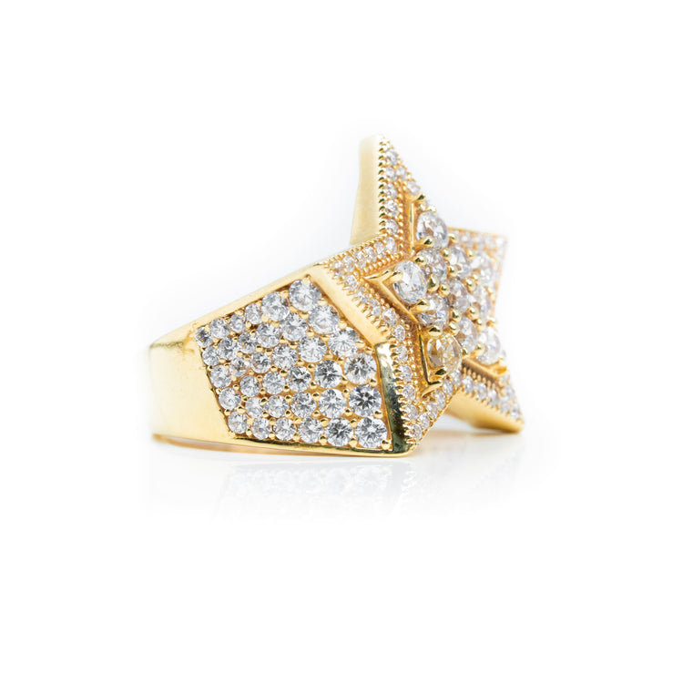 The Double Star Men Ring in 14K solid gold features a bold star motif with sparkling white gemstones set against a clean white background.