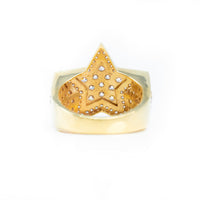 The Double Star Men Ring is crafted in 14K solid gold, showcasing a bold central star motif embellished with small gemstones, all set against a plain white background.