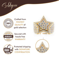 The Double Star Men Ring in 14k solid gold is featured with a diamond-encrusted design. Three icons highlight its warranty, express shipping, and signature confirmation. The Soldzeuu logo is displayed at the top.