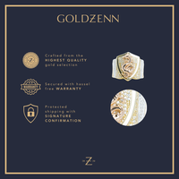 Goldzenn promo image featuring the Dragon Shield Ring - 10k Solid Gold, highlighting top-quality gold, easy warranty, and secure shipping with signature confirmation.