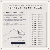 Infographic titled Three Easy Steps to Find Your Perfect Ring Size, with instructions, a hand measuring illustration, and a size chart—ideal for selecting the Iced-Out Octagon Cluster Ring - 6.04 CT - 14k White Gold.