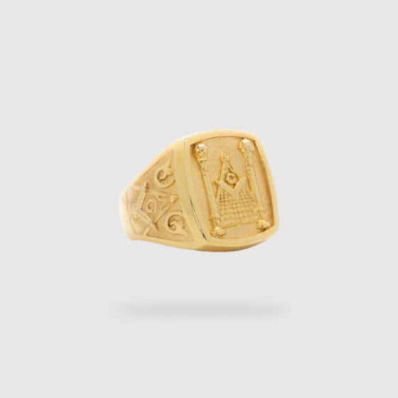 Mason Ring in Solid GoldMason ring in solid gold with intricate Masonic symbols. Bold, polished, and meaningful, perfect for fans of gold rings, mens rings, and solid gold rings.