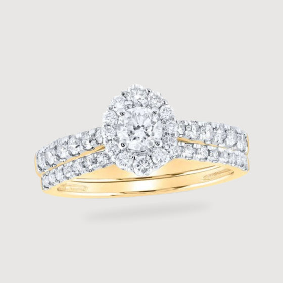 1.0CTW Round Diamond Halo Bridal Wedding Ring - 14k Gold