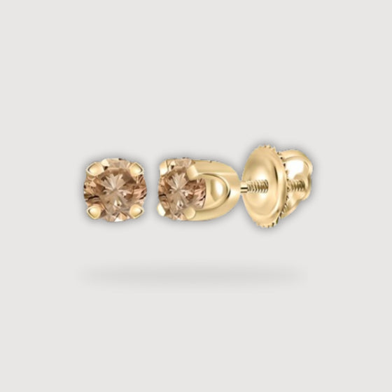 1/4CTW Round Brown Diamond Solitaire Stud Earrings - 10K Yellow Gold