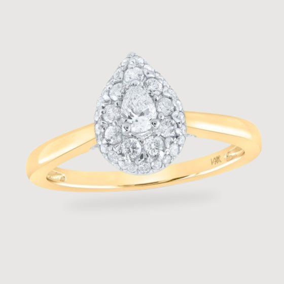 1/2CTW Pear Diamond Halo Bridal Wedding Engagement Ring - 14K Yellow Gold