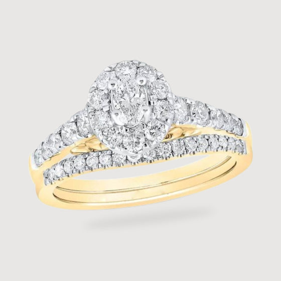 1.0CTW Two-Tone Oval Diamond Halo Wedding Ring Set - 14k Gold