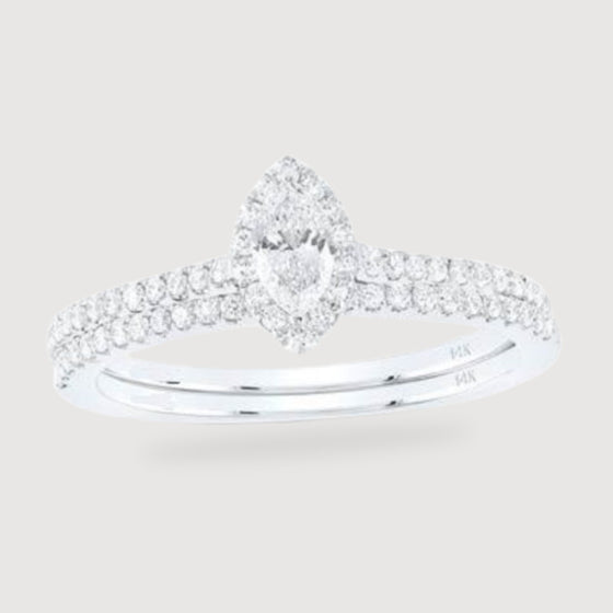 1/2CTW Marquise Diamond Halo Bridal Wedding Ring Set - 14k White Gold