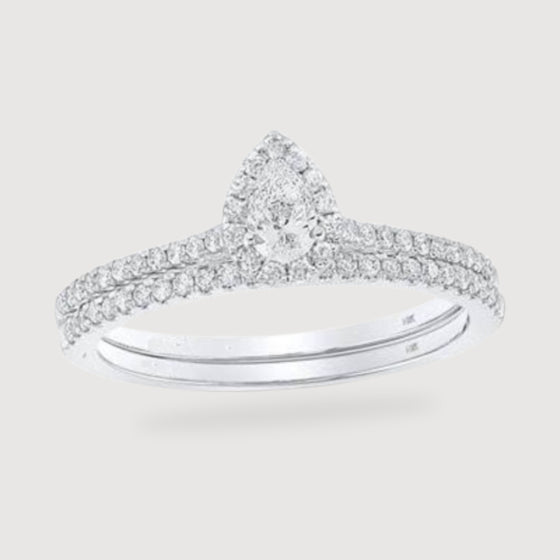 1/2CTW Pear Diamond Halo Bridal Wedding Ring Set - 14k White Gold