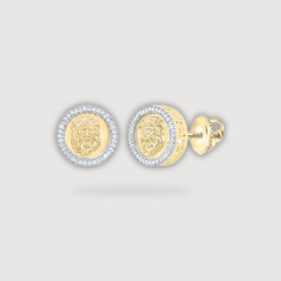 1/4CTW Round Diamond Lion Men's Stud Earrings - 10K Yellow Gold