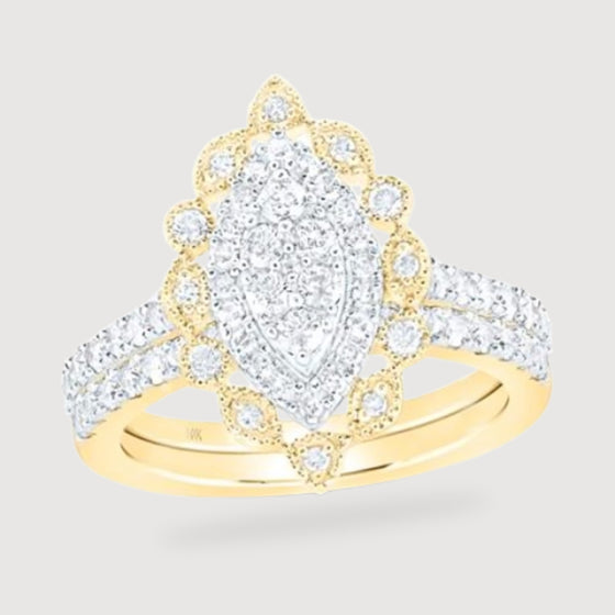 1CTW Round Diamond Marquise Shape Bridal Wedding Engagement Ring Set- 10K Yellow Gold