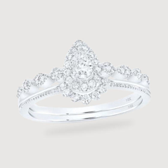 3/8CTW Pear Diamond Bridal Wedding Engagement Ring Set- 14K White Gold