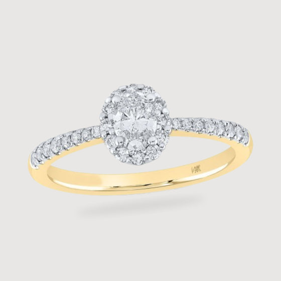 1/2CTW Oval Diamond Halo Bridal Wedding Engagement Ring - 14K Yellow Gold