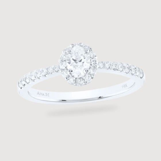 1/2CTW Oval Diamond Halo Bridal Wedding Engagement Ring- 14K White Gold