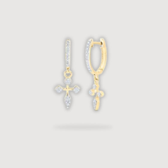 1/6CTW Round Diamond Cross Hoop Dangle Earrings - 10K Yellow Gold