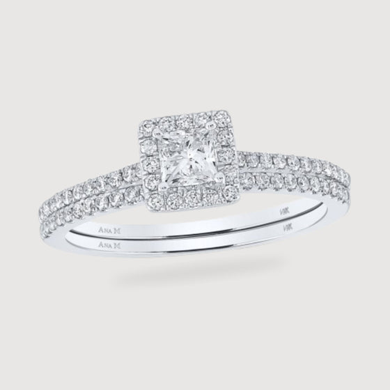 5/8CTW Princess Diamond Halo Bridal Wedding Engagement Ring Set- 14K White Gold