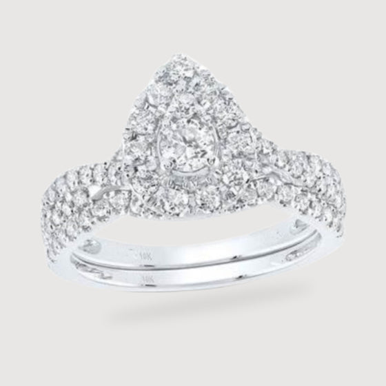 1CTW Round Diamond Pear Halo Bridal Wedding Ring Set - 10k White Gold