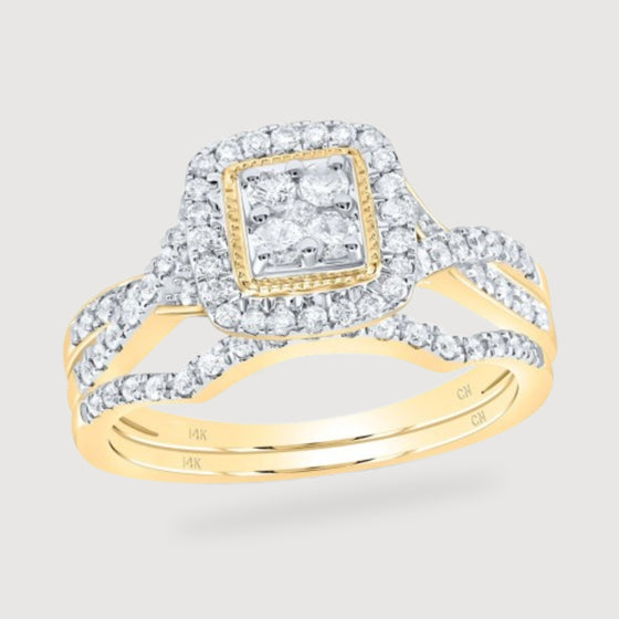 1/2CTW Diamond Cushion Bridal Wedding Engagement Ring Set- 14K Yellow Gold