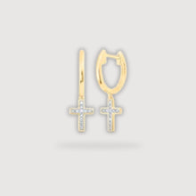  1/20CTW Round Diamond Cross Dangle Hoop Earrings - 10K Yellow Gold