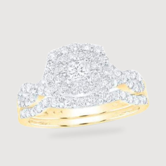 Double Square Halo Diamond 1CTW Bridal Wedding Ring Set - 14k Yellow Gold