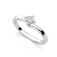 The Elegant Solitaire Twist Lab Diamond Ring showcases a single round-cut lab diamond in a classic prong setting, crafted in white gold or platinum and displayed on a white background.