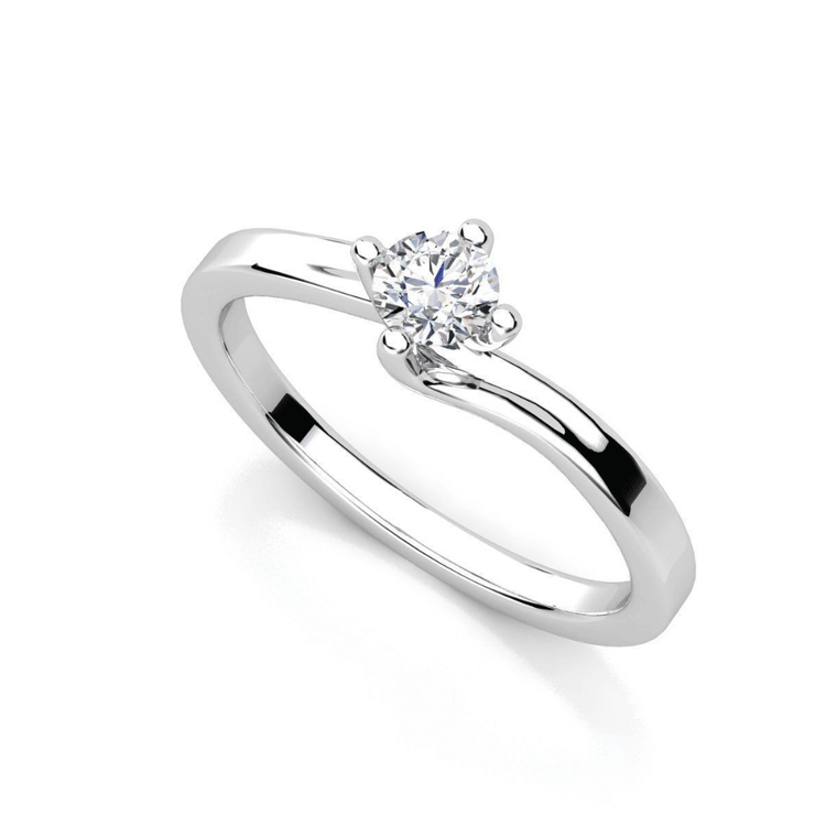 The Elegant Solitaire Twist Lab Diamond Ring showcases a single round-cut lab diamond in a classic prong setting, crafted in white gold or platinum and displayed on a white background.