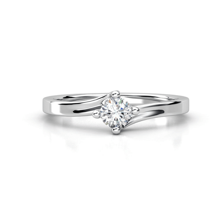 The Elegant Solitaire Twist Lab Diamond Ring features a silver band with a slight twist near the center and a single round-cut lab diamond in a prong setting, showcased on a white background.