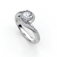 The Elegant Swirl Halo Lab Diamond Ring features a large round brilliant lab diamond at the center, set in white gold with a twisting band accented by smaller diamonds, shown on a white background.