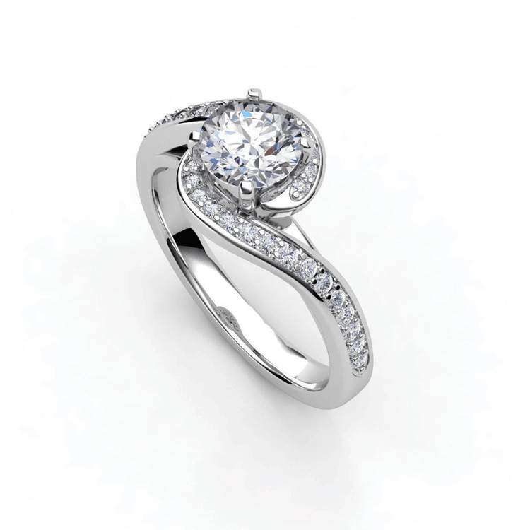 The Elegant Swirl Halo Lab Diamond Ring features a large round brilliant lab diamond at the center, set in white gold with a twisting band accented by smaller diamonds, shown on a white background.