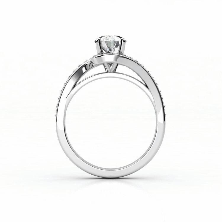 A side view of the Elegant Swirl Halo Lab Diamond Ring showcasing a round brilliant lab diamond in a swirl halo setting with a polished, elegant band.