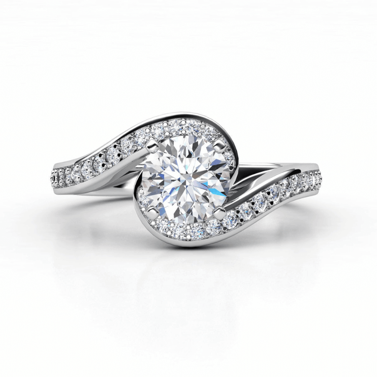 The Elegant Swirl Halo Lab Diamond Ring features a round brilliant lab diamond center stone with a twisted, diamond-accented band, shown on a white background.