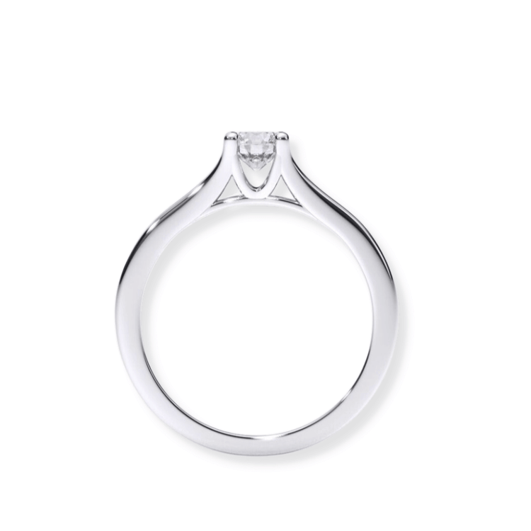 The Elegant Tapered Band Lab Diamond Engagement Ring showcases a single round lab diamond solitaire in a prong setting on minimalist white gold—an elegant choice for women’s engagement rings.