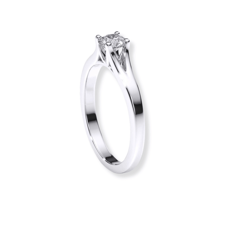 The Elegant Tapered Band Lab Diamond Engagement Ring features a single round lab diamond solitaire in a classic four-prong setting, beautifully displayed on a white background.