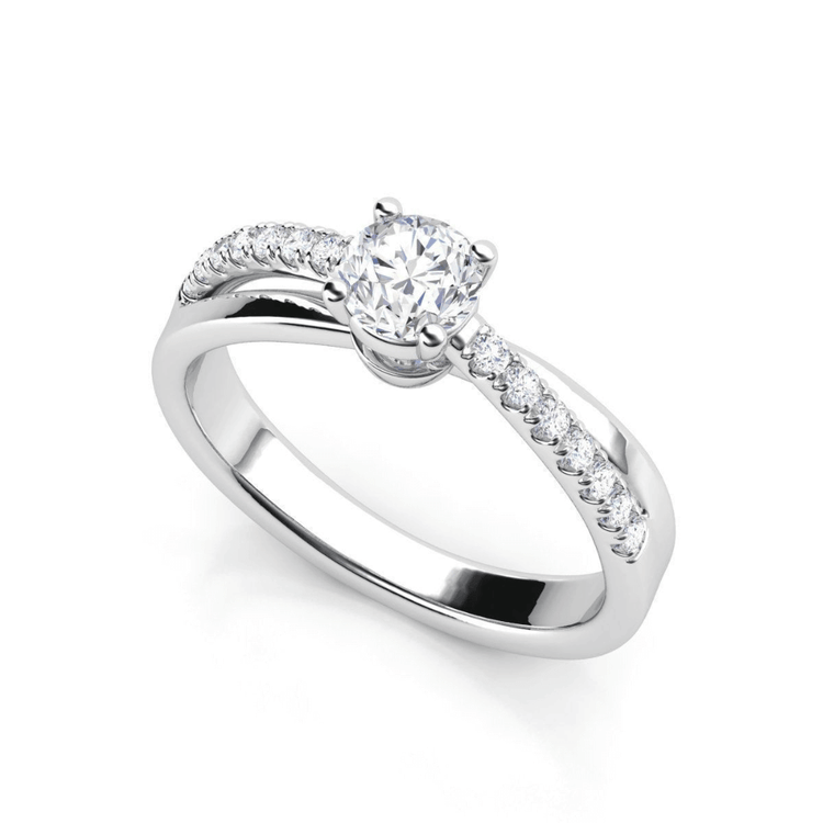 The Elegant Twist Solitaire Engagement Ring features a round lab-grown diamond in a four-prong white gold setting, accented by smaller diamonds along its twisting band. Shown on a white background.