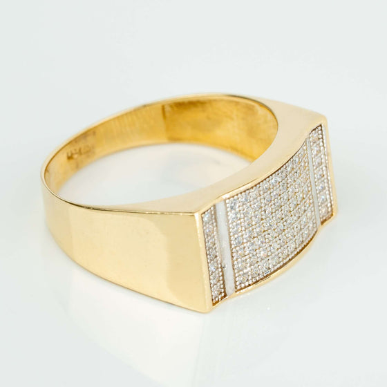 Square Gold ring 14k Gold With CZ stonesSophisticated square gold ring in 14K gold with dazzling CZ stones. Perfect for men seeking modern style and lasting elegance.