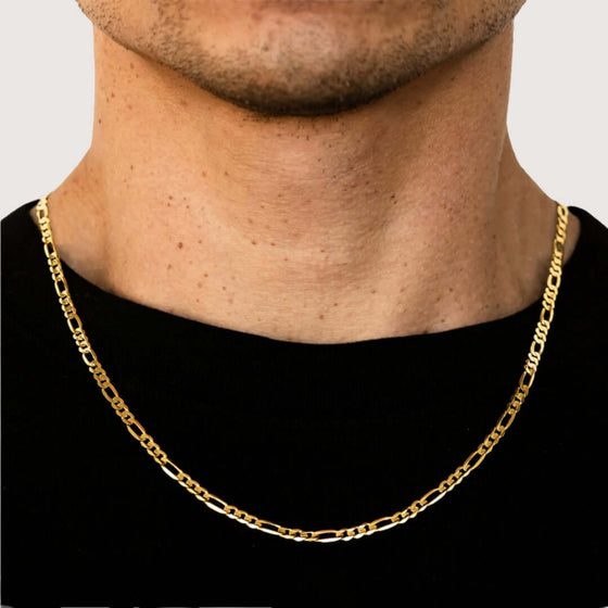 Solid yellow gold 4.5mm Figaro chain with a polished and sophisticated finish.