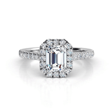  alt=" Discover timeless elegance with the Emerald-Cut Halo Diamond Engagement Ring. Features a radiant emerald-cut diamond, pavé halo, and band for a dazzling design. "