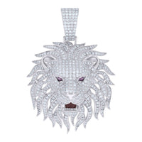 The Silver Moissanite Enameled Lion Head Charm Pendant features sparkling moissanite stones, detailed enamel work on the mane and face, vibrant purple gemstone eyes, and an open mouth design.