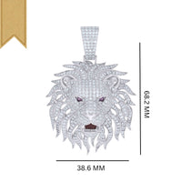 The Silver Moissanite Enameled Lion Head Charm Pendant, featuring purple gemstone eyes and enamel detailing (68.2 mm tall, 38.6 mm wide), is displayed against a white background with a gold ribbon in the top left corner.