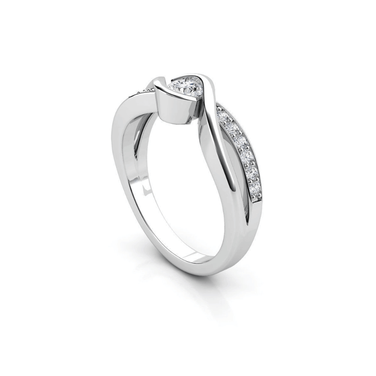 The Engagement Twist Ring - Lab Diamond is a modern silver ring with a twisted design, featuring a row of small diamonds and a large lab-grown diamond at the top.