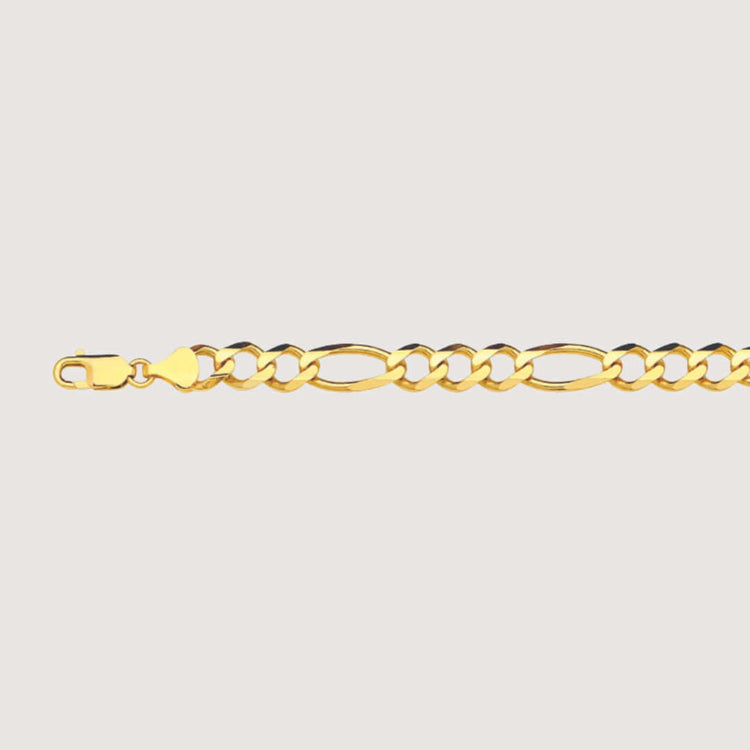 The Figaro Chain 4.5mm – Solid Yellow Gold bracelet, featuring alternating oval and round links, is displayed against a plain light background with the clasp visible on the left.