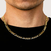 A close-up shows a person wearing the Figaro Chain 5.5mm – Solid Yellow Gold over a black shirt, with only the lower half of their face and neck visible against a neutral background.
