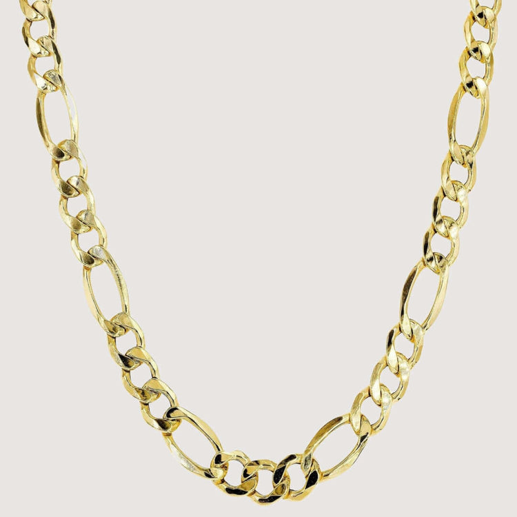 The Figaro Chain 6.5mm in solid yellow gold features alternating large and small oval links, shown against a simple light background.