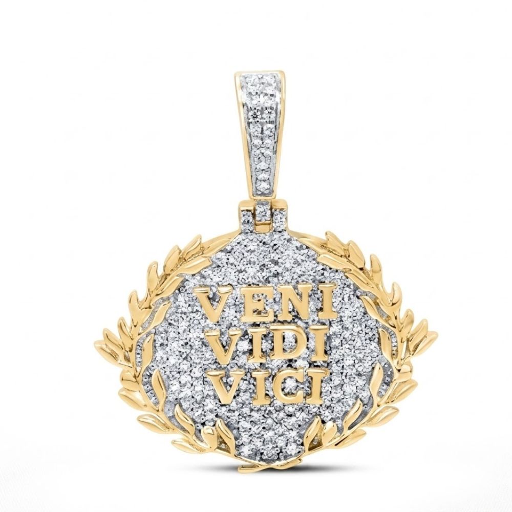The 10K Gold Diamond Veni Vidi Vici Charm (7/8 CTW) is a men's pendant featuring a laurel wreath, natural diamond accents, and the engraved words VENI VIDI VICI in bold capital letters.