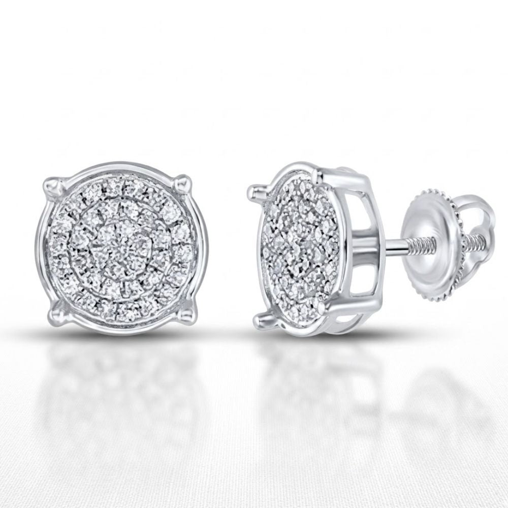Sterling Silver Diamond Circle Earrings 1/8 CTTW feature a sparkling cluster design with secure screw-back posts, beautifully showcased on a white surface.
