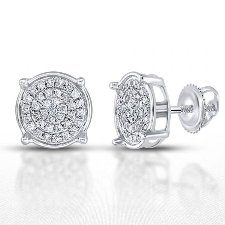 Sterling Silver Diamond Circle Earrings 1/8 CTTW feature a sparkling cluster design with secure screw-back posts, beautifully showcased on a white surface.