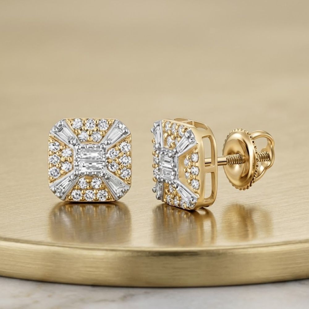 The 1/2CTW Diamond Octagon Men's Earring in 10K gold features a screw-back design with a central rectangular diamond accented by smaller round diamonds in a stylish pattern, displayed on a gold surface.