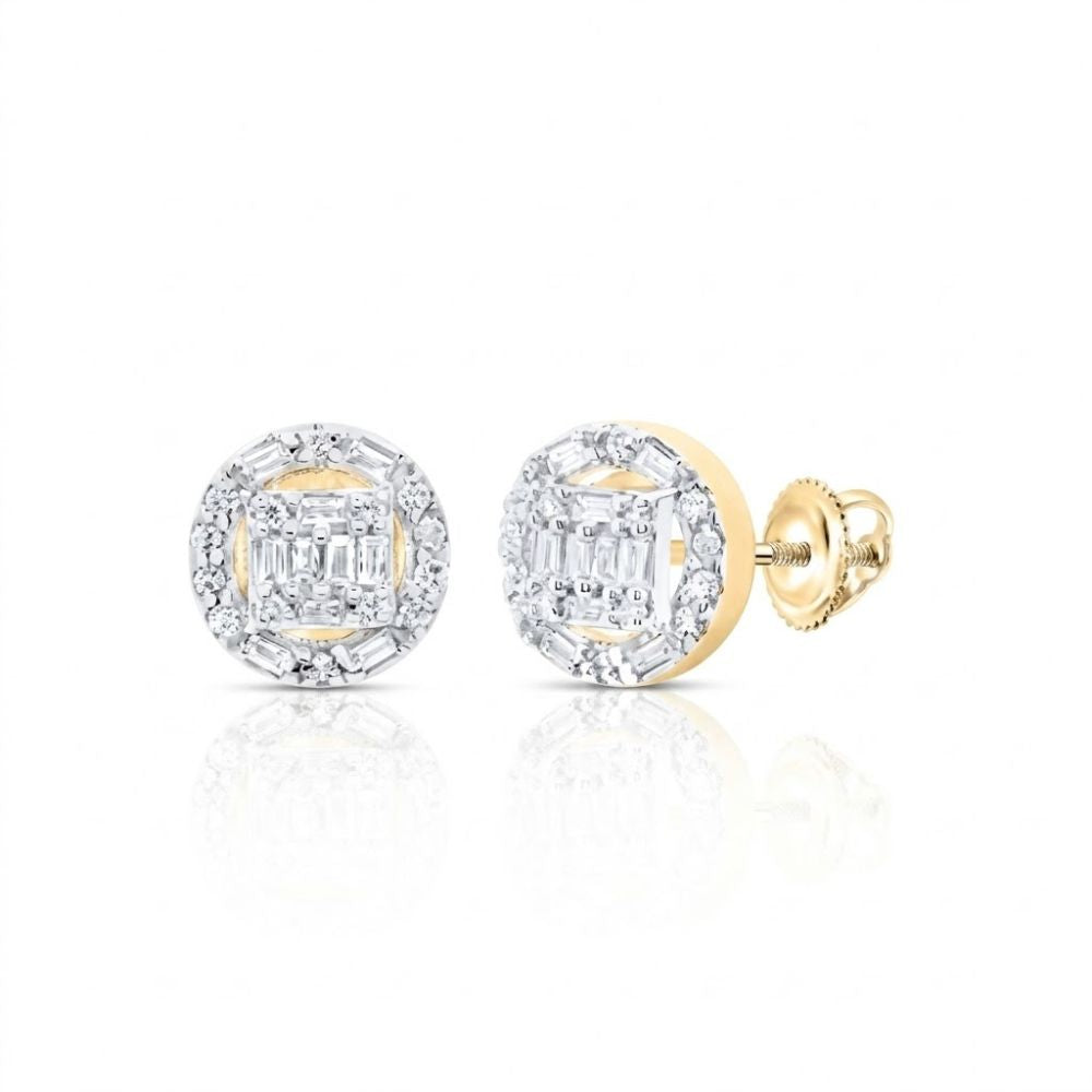 A pair of 1/3CTW Natural Diamond Round Baguette Earrings in 10K yellow gold, featuring a central baguette diamond cluster with a halo of natural diamonds, shown on a white background.
