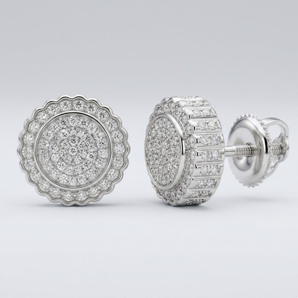 The 1/5CTW Diamond Round Earrings Sterling Silver Gift features multiple rows of sparkling round diamonds in sterling silver with scalloped edges and screw-back closures, displayed on a plain light gray background.