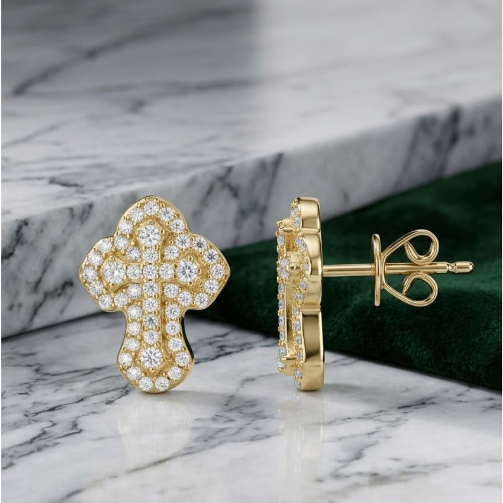 925 Silver Moissanite Cross Stud Earrings Unisex, adorned with sparkling moissanite stones and designed in a classic cross shape—ideal as stylish and meaningful religious jewelry for anyone.